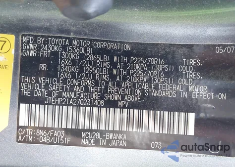 2007 Toyota Highlander V6 from USA, damaged, VIN JTEHP21A270231408